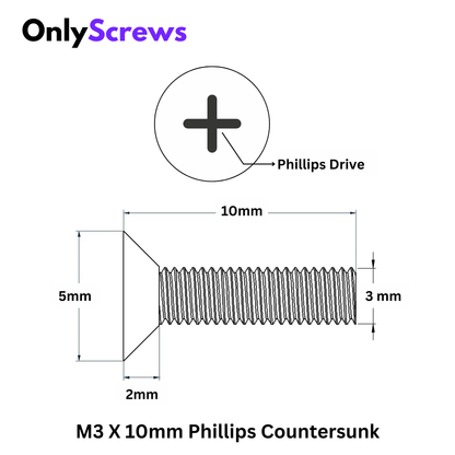 Second image of M3 X 10mm Phillips CSK SS 304 Screw (Dia. 3mm, Length 10mm)