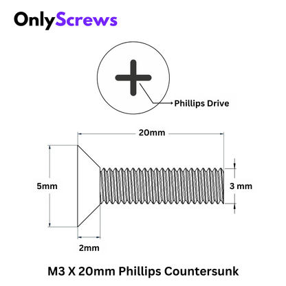 Second image of M3 X 20mm Phillips CSK SS 304 Screw (Dia. 3mm, Length 20mm)