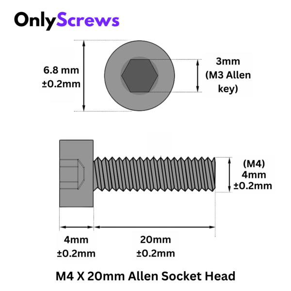 Second image of M4 X 20mm Hex (Allen) Socket Head High Tensile(12.9) Black oxide screw (Dia. 4mm, Length 20mm)